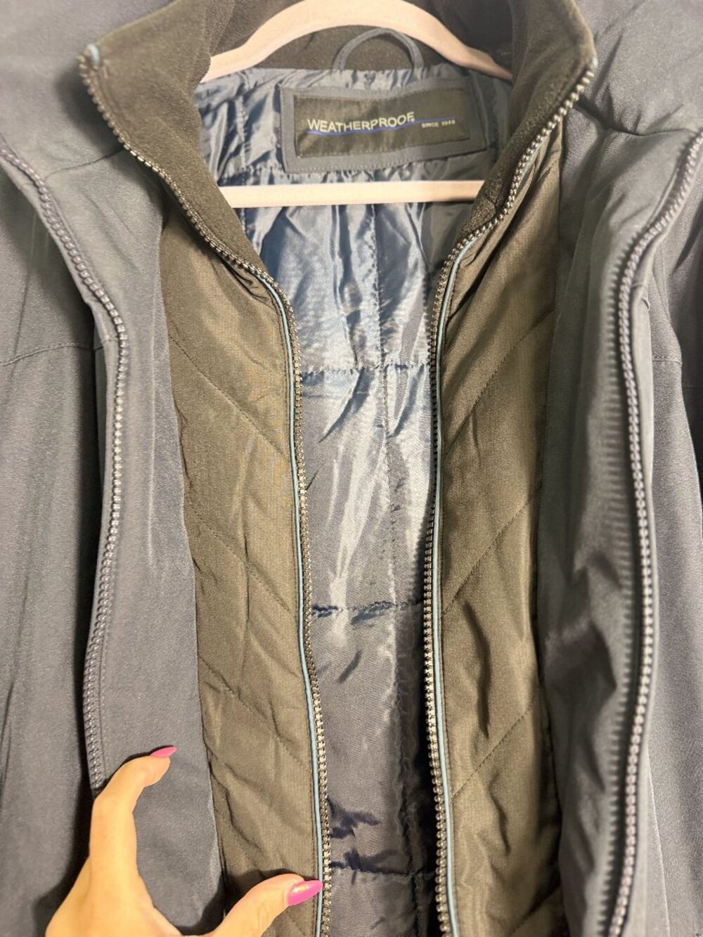 Weatherproof Stretch Tech Hooded Jacket Quilted Bib Navy Blue Men's Large NWT